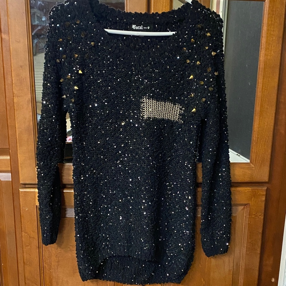 Vocal Black Sequin Knit S/M Top with Gold Highlights NWOT Goth Whimsigoth
